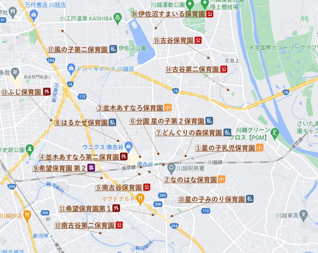 南古谷周辺の保育園地図